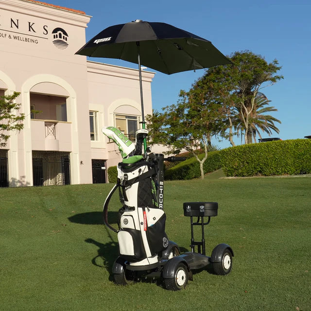 Electric Golf Caddy | Charger with chair and umbrella | Top Speed 15 mph, 36+holes & Free Shipping